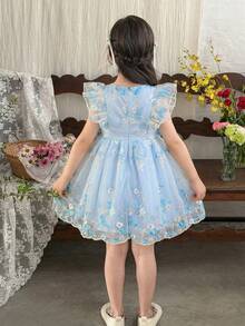 LMoss Kids Đầm voan hoa xếp tầng cho bé gái - Màu xanh nhạt - Xem 2