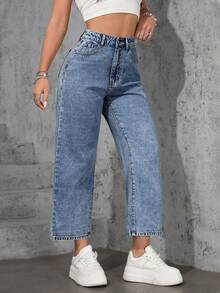SHEIN ICON Jeans droits amples et décontractés bleu clair sans stretch pour grandes tailles - Jean bleu - Voir 3