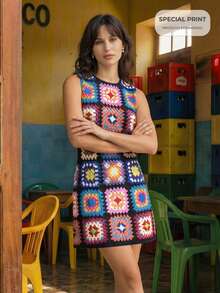 CAJUNI All-Over Print Casual Sleeveless Round Neck Vacation Dress - Black - View 1