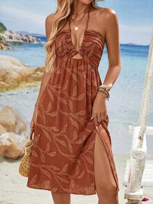 SHEIN Holidaya 夏季度假沙滩V领提花抽绳系带露脐连衣裙 - 橘色 - 查看 1