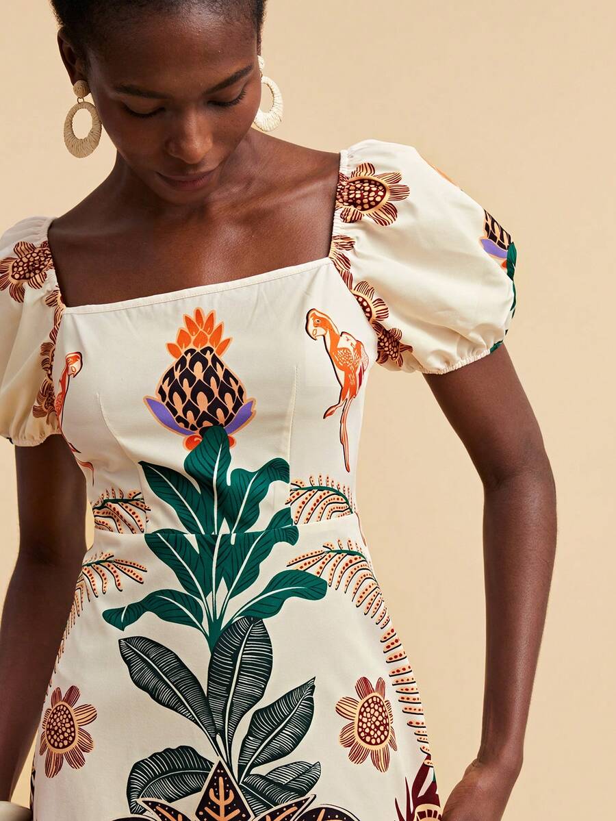 Travachic Women's Spring/Summer Tropical Plant Print Collar Petal Sleeve Short Dress - Multicolor - View 1