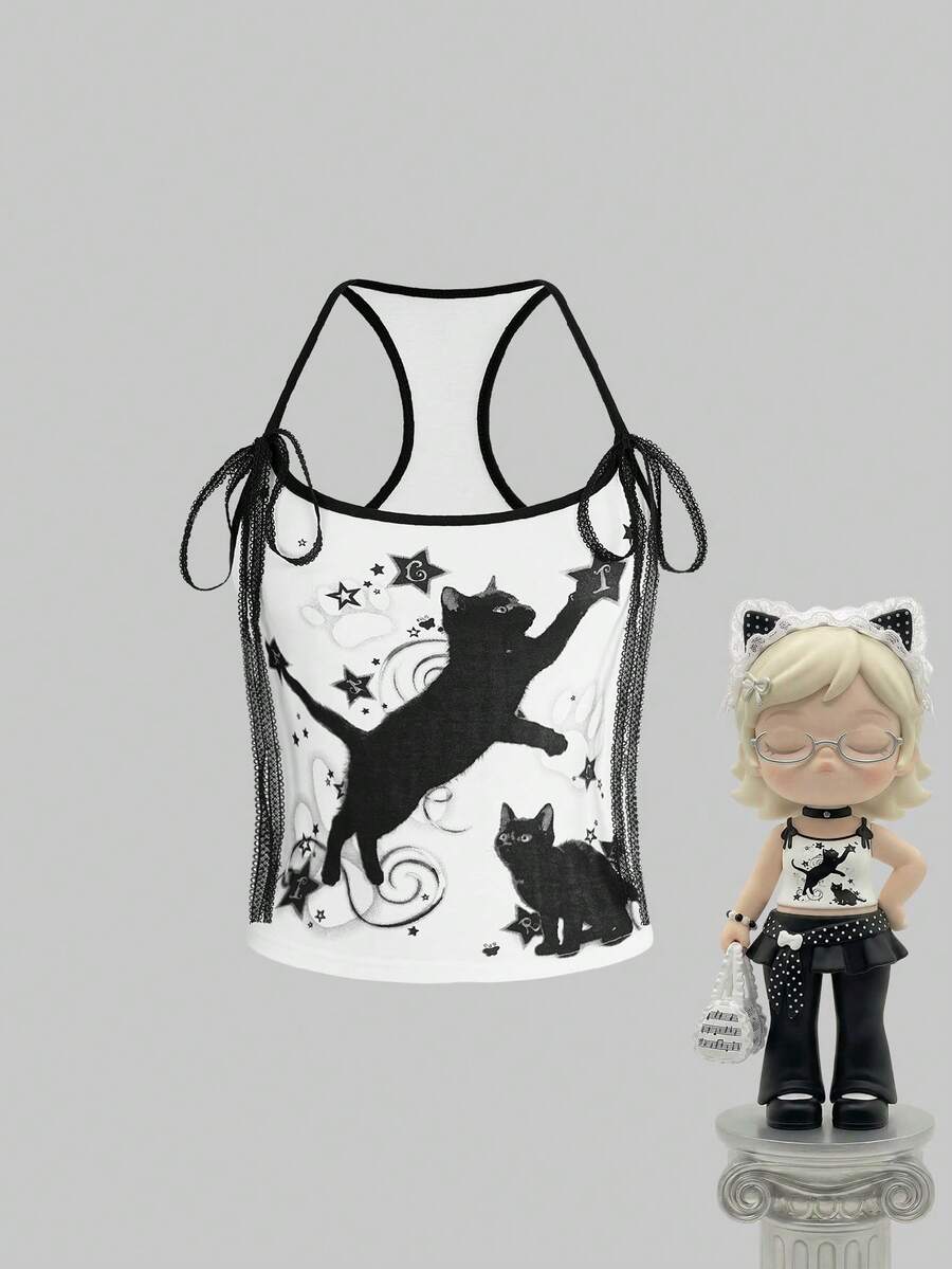ROMWE Kawaii Top ajustado de mujer con estampado de gato negro y lazo de encaje - Blanco - Ver 1