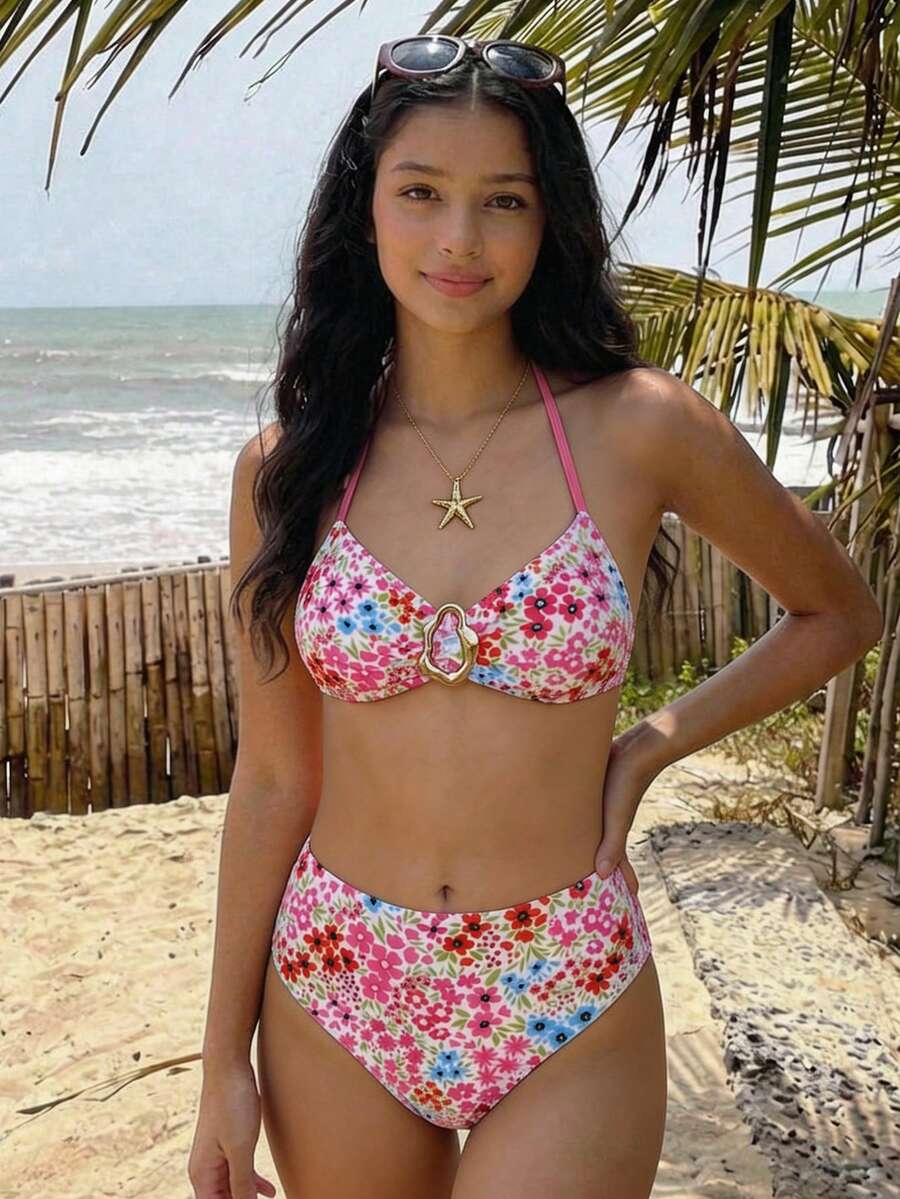 SHEIN 少女夏季海滩度假碎花金属扣装饰吊带比基尼上衣 - 彩色 - 查看 1