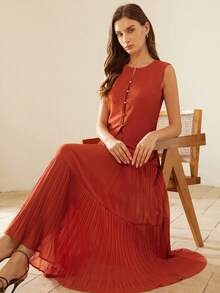 Aveloria Rosie Bộ đồ 2 mảnh thanh lịch kiểu Pháp gồm áo vest không tay bằng vải chiffon với khóa kim loại và chân váy xếp ly cạp cao, thích hợp cho kỳ nghỉ. - Đỏ - Xem 7