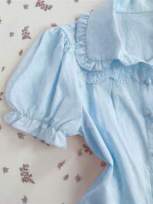 Flirla Women's Pink Peter Pan Collar Petal Sleeve Embroidered Floral Lace Patchwork Decorative Regular Blouse - Blue - View 3