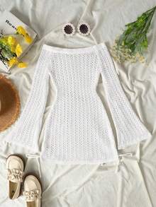 SHEIN Đầm trễ vai thắt nút bên hông cho bé gái tuổi teen, không kèm bikini, thích hợp mặc mùa hè. - trắng - Xem 2