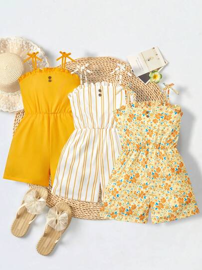SHEIN Genkimix Kids 3pcs/Set Girls (Plus Size) Casual Vacation Cute Floral Striped Solid Color Romper Suitable For Multi-Child Families, Beach Vacation, Outdoor Play, School
