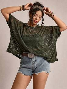 Freevana Plus Size Sheer Lace Casual T-Shirt Top Lace Blouse For Women Lace Shirts For Women Casual Tops For Women Elegant Blouse For Women Casual Elegant Latest Tops For Women Women's Lace Tops Women's Sheer Tops Lace Blouses For Women Women's Short Sleeve Tops Women's Tops And Blouses Mother's Day - Olive Green - View 2
