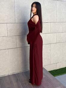 Hitanina 2025 Autumn And Winter New Elegant Commuter Solid Color Fit Bright Red Cross Neckline & Tassel Long Sleeve Women Jumpsuit, Suitable For Parties And Daily Outings,Country Concert Outfit,Halloween,Christmas, Night Out,Wedding Guest Dress,Birthday Dress,Brunch Outfits For Women,Daily Outings -A - Burgundy - View 4