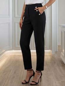 EMERY ROSE Chi tiết Nút Túi nghiêng Quần tây - màu đen - Xem 1