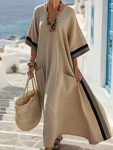 Breezaya Đầm Kaftan tay raglan cổ chữ V in sọc, có túi, dáng rộng, thích hợp cho nữ đi làm, kỳ nghỉ lãng mạn, đi biển, hoạt động ngoài trời, du lịch giải trí. Đầm Kaftan mùa hè, trang phục nghỉ dưỡng, đầm đi nghỉ mát, đầm thường ngày cho nữ, đầm mùa hè, trang phục mùa hè cho nữ, đầm đi biển, đầm dáng rộng cho nữ, đầm Zanea cho nữ, trang phục đi biển mùa hè ở Hy Lạp, đầm đi biển mùa hè cho nữ, đầm Kaftan mùa hè đi biển. - Màu be - Xem 2