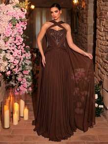 Glamrae Đầm maxi sang trọng, thanh lịch với họa tiết hoa ren đính cườm và sequin, chất liệu co giãn, xếp nếp, thích hợp cho đám cưới, tiệc tùng, kỳ nghỉ, dạ hội và các dịp trang trọng. - Cà phê nâu - Xem 1