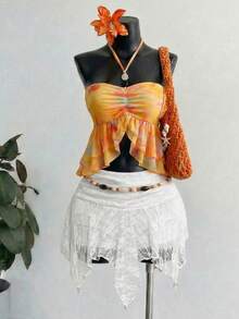 Aloruh Áo hai dây cổ yếm xếp nếp viền ren nhuộm màu tie-dye dành cho nữ, thích hợp cho kỳ nghỉ hè, đi biển, phong cách boho, nhiệt đới, thập niên 2000, kiểu Y2K, áo Y2K dễ thương, áo hai dây cổ yếm màu vàng in họa tiết với hạt cườm phối màu. - Nhiều màu - Xem 9