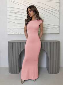 Jemour 夏季服装、日常约会和旅行装、派对装、优雅女士内衣、外出装、斜肩不对称加长鱼尾裙、俱乐部女士装、约会装、宴会礼服 - 粉色 - 查看 1