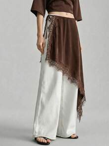 Ontre Chân váy nữ bất đối xứng, vạt xòe, phối ren tương phản, thắt eo bên hông. - màu nâu - Xem 4