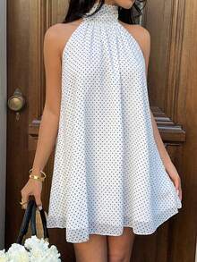 SHEIN SunnyBelle Women's Chiffon Polka Dot Halter Backless Loose A-Line Mini Dress - Black and White - View 6