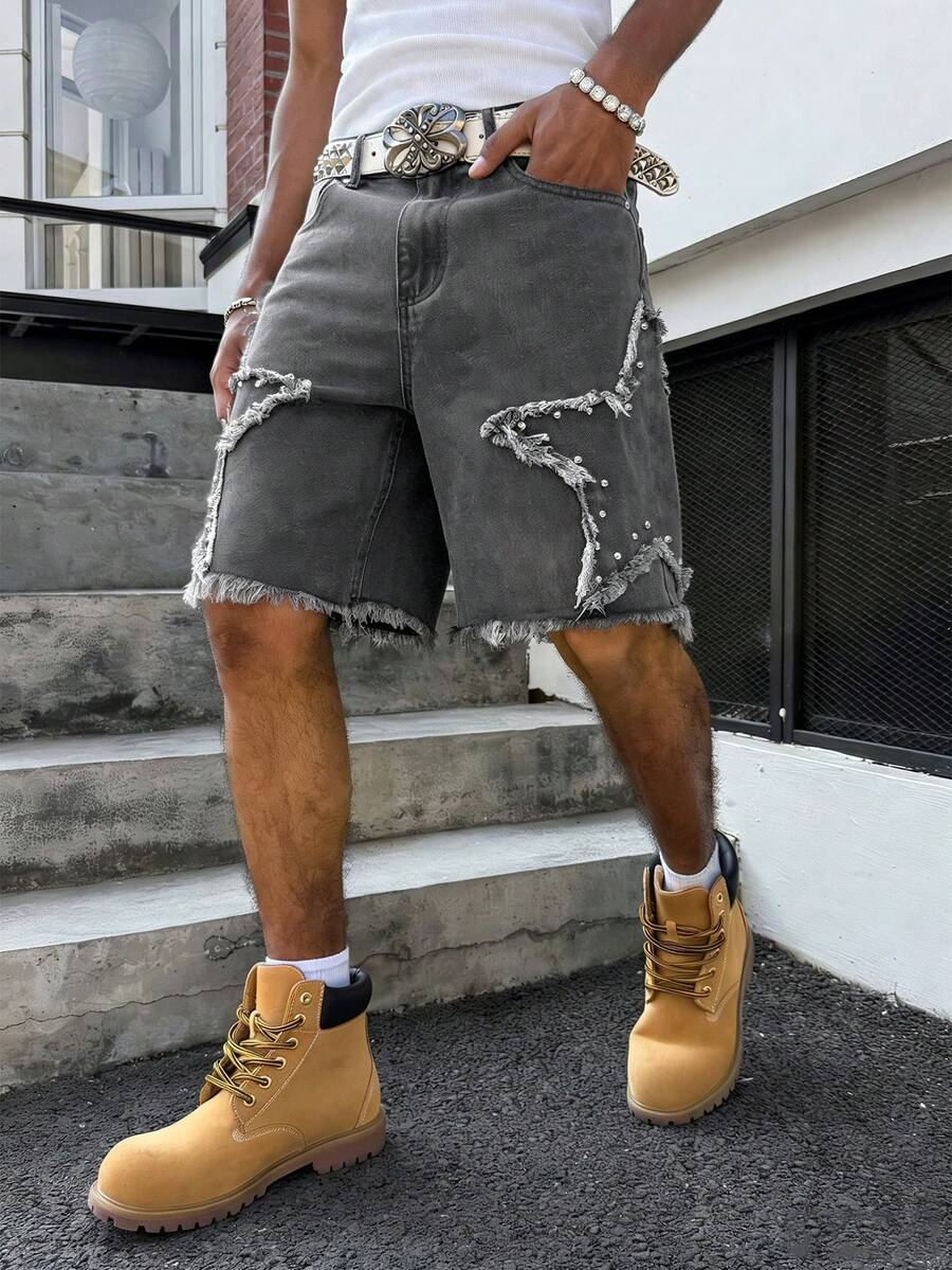 Manfinity EMRG Quần short Bermuda denim dáng rộng thời trang đường phố dành cho nam, đính họa tiết ngôi sao và đinh tán. - Xám - Xem 1