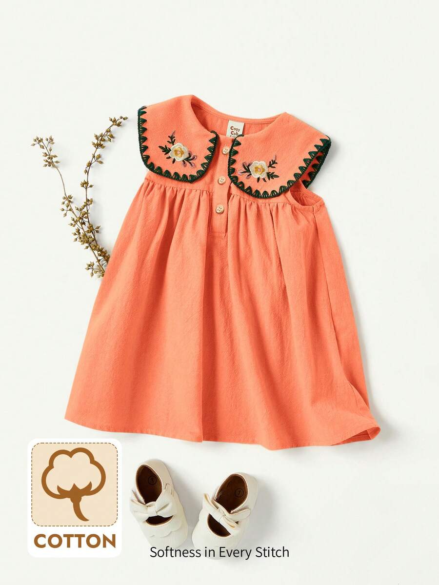 Cozy Pixies 女婴花卉刺绣图案藏青色翻领无袖半开襟连衣裙 - 橘色 - 查看 1
