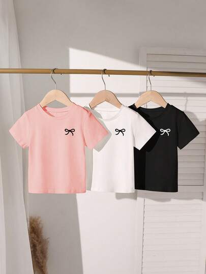 3pcs/Set Girls & Toddler Girls' White, Pink, Black Round Neck T-Shirts With Bow Print, Casual Sporty Cute School Outfit, Suitable For Spring, Summer, Autumn, Basic Simple Daily Comfortable Outfit, 4Y-7Y