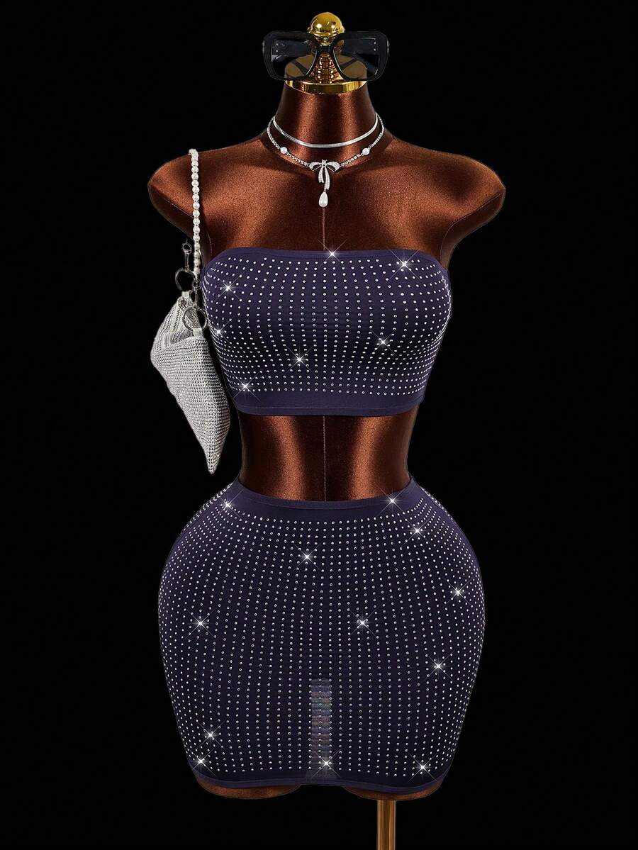 BamGleam Bộ đồ hai mảnh gợi cảm dành cho nữ, thích hợp dự tiệc hộp đêm, gồm áo croptop và chân váy ngắn đính đá màu trơn, kiểu dáng mùa hè. - Màu xanh hải quân - Xem 1