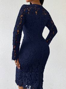 SHEIN Lady Vestido de invitada de boda de cuatro estaciones elegante y fiesta, vestido de encaje rosa de cuello redondo para mujer - Azul Marino - Ver 2