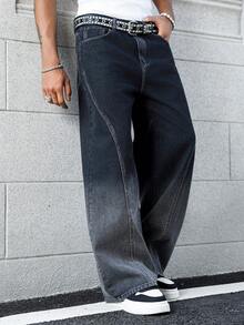 Manfinity EMRG Men's Fashion Casual Luxury Commuter Ombre Washed Design Straight Leg Wide Jeans - Black - View 1