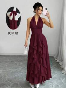 Rafferiza Women's Solid Color Halter Deep V-Neck Ruffle Hem Elegant Waist Cinched Long Dress, Suitable For Dates And Parties - Burgundy - View 7