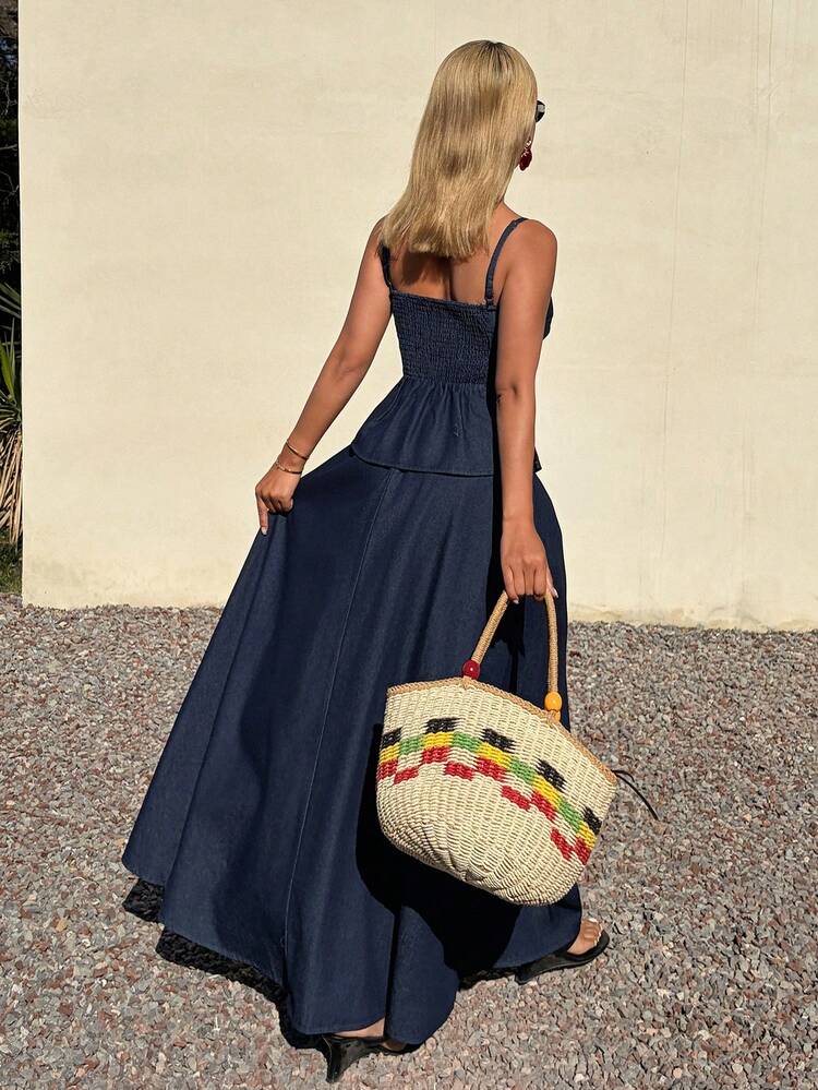 Western Cowgirl Solid Color Fitted Camisole A-Line Umbrella Maxi Skirt Casual Holiday Spring/Summer Suit For Women