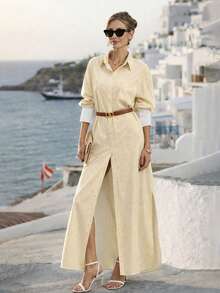 Breezaya 女士休闲条纹长衬衫裙 - Butter Yellow - 查看 6