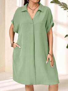 EMERY ROSE Plus Size Solid Color Collared Short Sleeve Casual Mini Dress, Minimalist Style,Summer Outfits For Women - Green - View 3