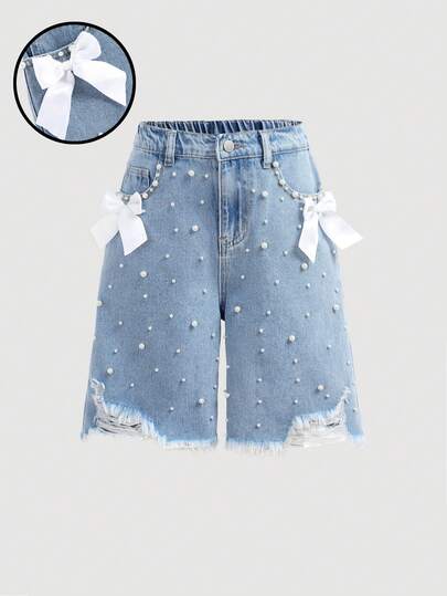 Girlism Tween Girl Elegant Casual Light Washed Distressed Bowknot Denim Long Shorts Jeans Short With Pocket Insert,Faux Pearl,And Frayed Hem,For Spring And Summer Vacation Festival,Suitable For Travel And Gathering, Spring/Summer Preppy Dress Aesthetic Denim Dress, Summer Pleated Dress,Casual, Holiday,Summer Holiday, Spring,Valentines Day,Casual Summer Bermuda Jeans Shorts
