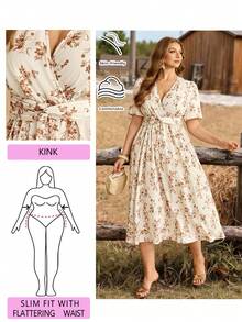 Roveilla Plus Size Women V-Neck Floral Print Ruched Waist Elegant Date Party Dress Vintage Dresses For Women Cotton Dresses French Style Dress Cottagecore Dress Elegant Floral Dress Women Summer Elegant Dress Floral Dress Elegant Dress - Apricot - View 1