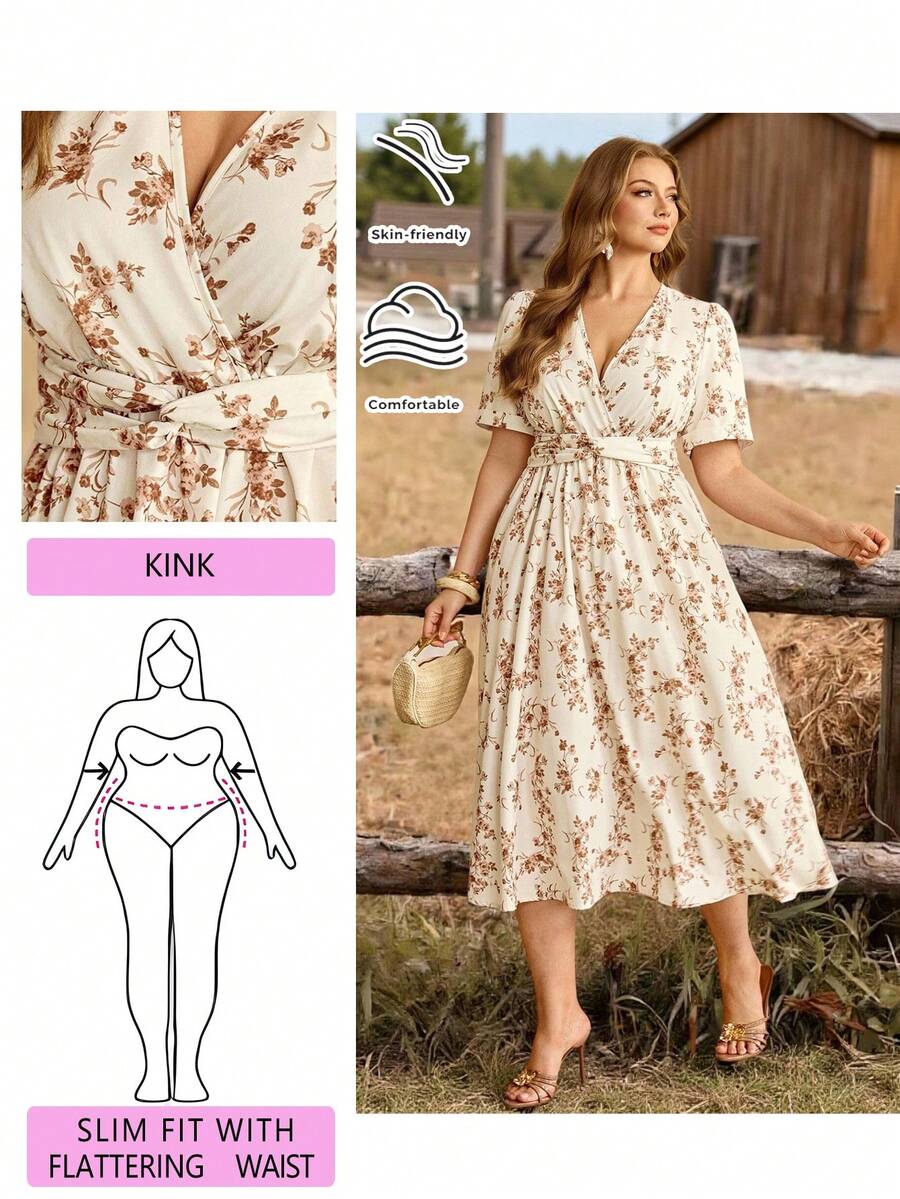 Roveilla Plus Size Women V-Neck Floral Print Ruched Waist Elegant Date Party Dress Vintage Dresses For Women Cotton Dresses French Style Dress Cottagecore Dress Elegant Floral Dress Women Summer Elegant Dress Floral Dress Elegant Dress - Apricot - View 1