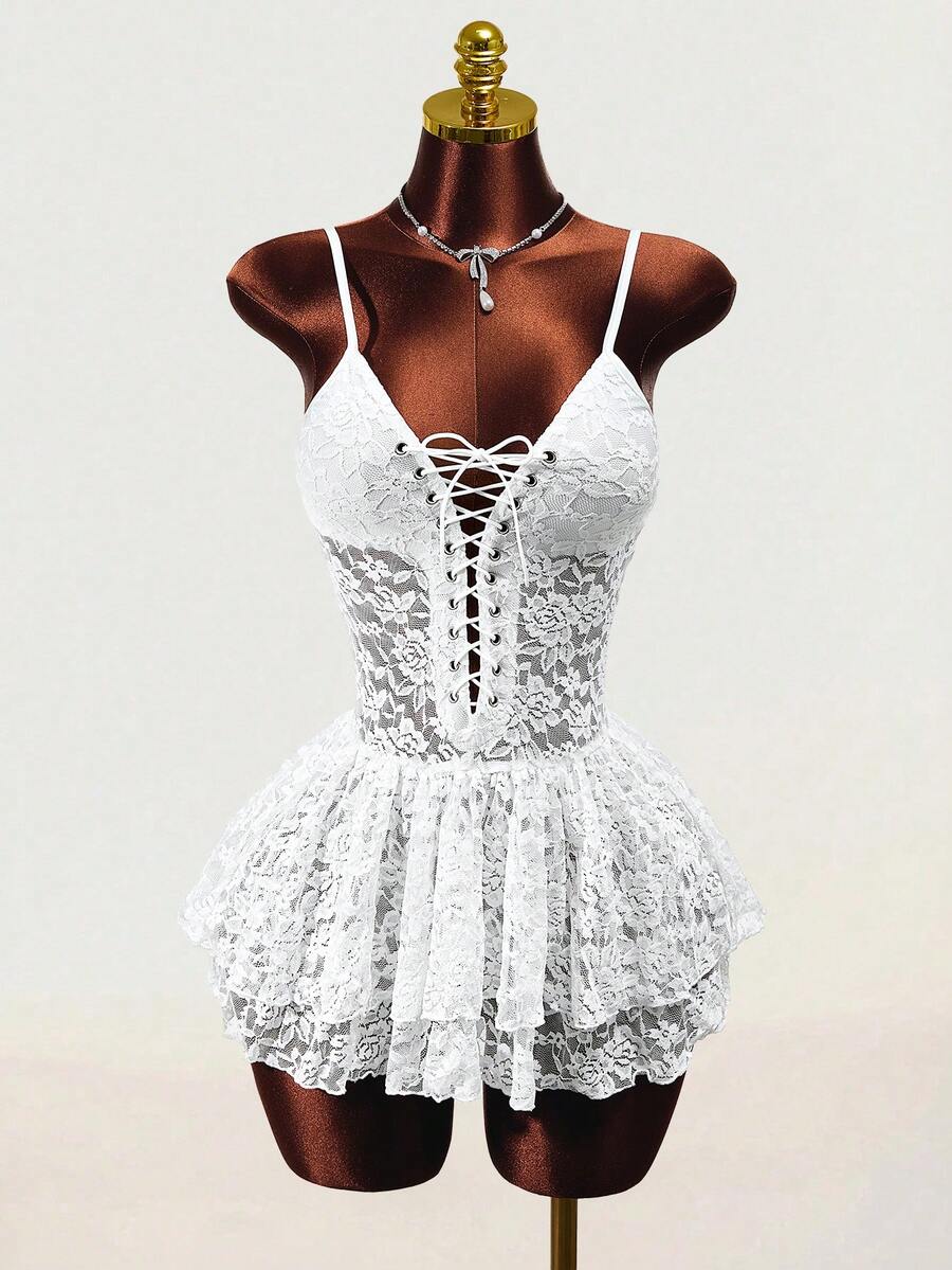 Mistrie 2026 New Sexy Lace Sleeveless Mini Dress; Deep V Cross Straps Front Pleated Hemline Slim Pleated Skirt Suitable For Dating, Music Festivals Parties, Weddings - White - View 1
