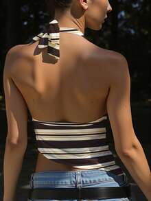 INAWLY Áo hai dây hở lưng cổ yếm kẻ sọc thời trang dành cho nữ mùa hè - Nhiều màu - Xem 2