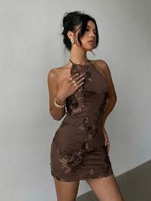 Aloruh Women's Sleeveless Fitted Elegant Mini Dress,Summer Dresses For Women - Coffee Brown - View 5