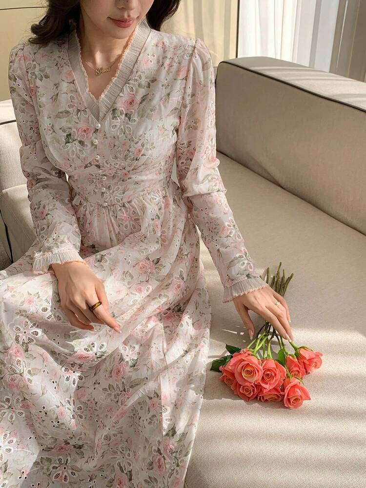 Ditsy Floral Long Dopamine Inspired Chiffon Dress, Elegant & Ethereal Maxi Dress Sundress