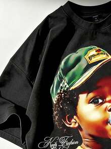 ROMWE MEN Street Life 男士天使印花短袖T恤，适合春夏穿着 - 黑色 - 查看 4