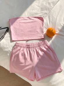 Comfortcana 2件套女士休闲纯色粉色上衣/背心和短裤套装，春夏款 - 粉色 - 查看 6