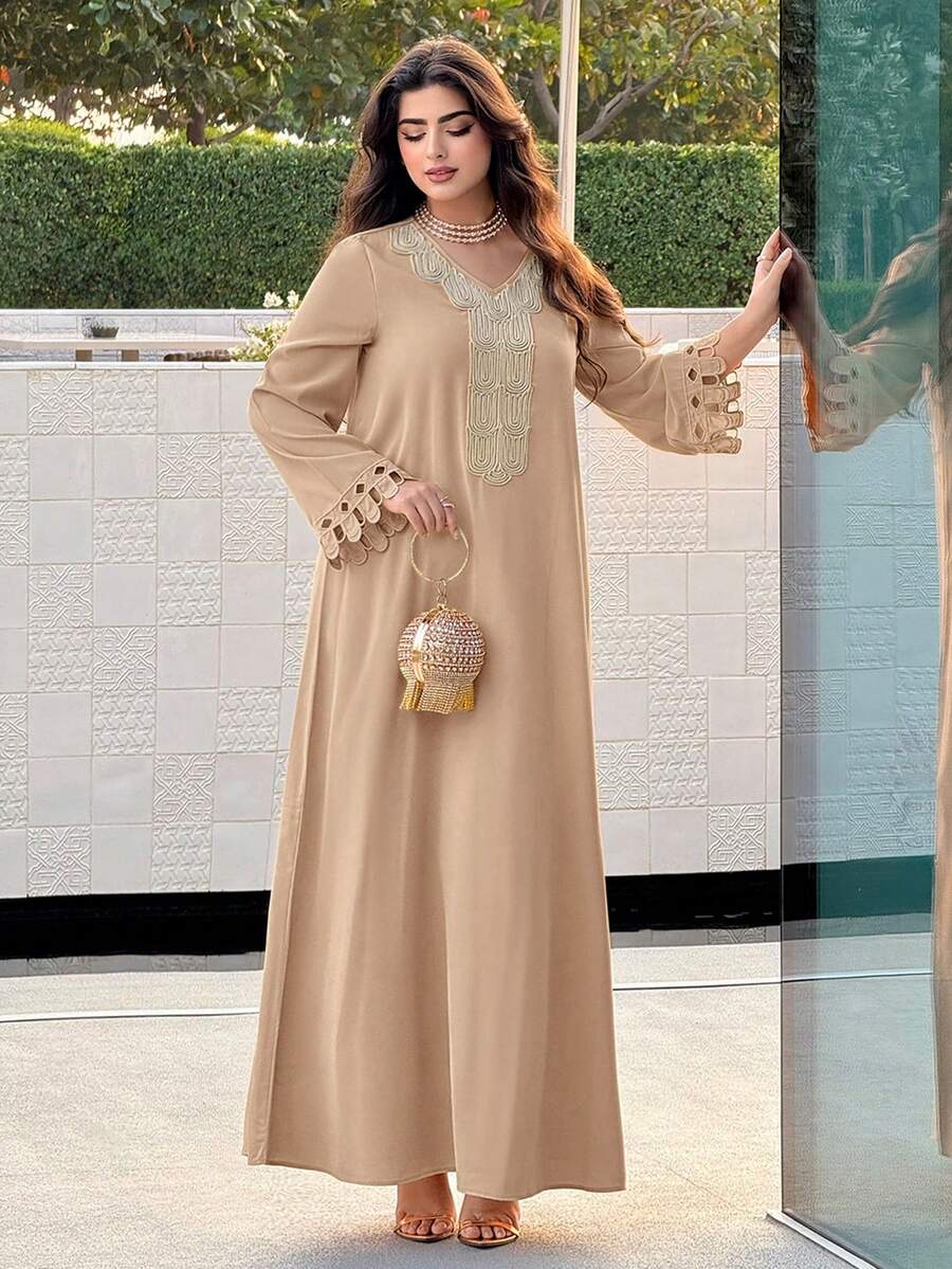 Al Najma Đầm dài tay cổ chữ V dáng rộng thanh lịch kiểu Ả Rập dành cho nữ - Màu Khaki - Xem 1
