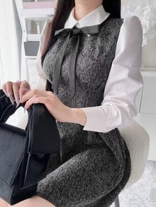 FRIFUL 女士优雅打结领长袖两用收腰短裙，适合春秋季夏季穿着 - 黑色 - 查看 2