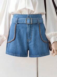 GlowEve 女士休闲牛仔短裤，配腰带，夏季 - 藍色 - 查看 3