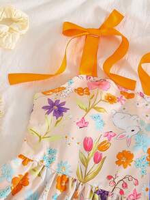 Young Girls Elegant Orange Floral Dress,Summer Boho Vacation Holiday Little Rabbit Print,Thin Shoulder Strap A-Line Ruffle Trim Bow Spring Sun Dress - Orange - View 5