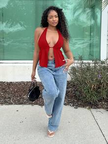 Alexandranx Summer Front Slit, Backless, Knotted Halterneck BeachB Top - Red - View 5