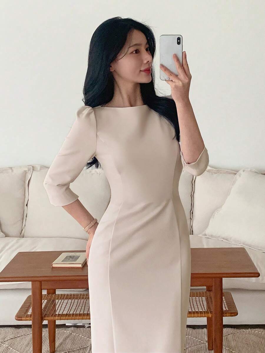 DAZY Vestido midi con cuello redondo y cintura ceñida, estilo de viaje de verano para mujer - Caqui - Ver 1