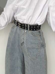 Whyspr Street Steampunk Grommet Eyelet & Chain Decor Square Buckle Belt For Jeans Pants Halloween Summer, School Fall, Autumn, Halloween - Black - View 3