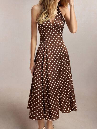 BizChic New Spring/Summer V-Neck Tie-Front Backless Polka Dot Print Elastic Waist A-Line Dress, Elegant For Urban Commute