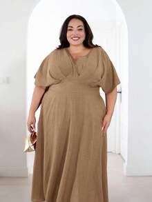 Plus Size V-Neck Solid Color Short Sleeve Casual Dress, Simple & Fashionable For Everyday Wear,Valentine - Khaki - View 6