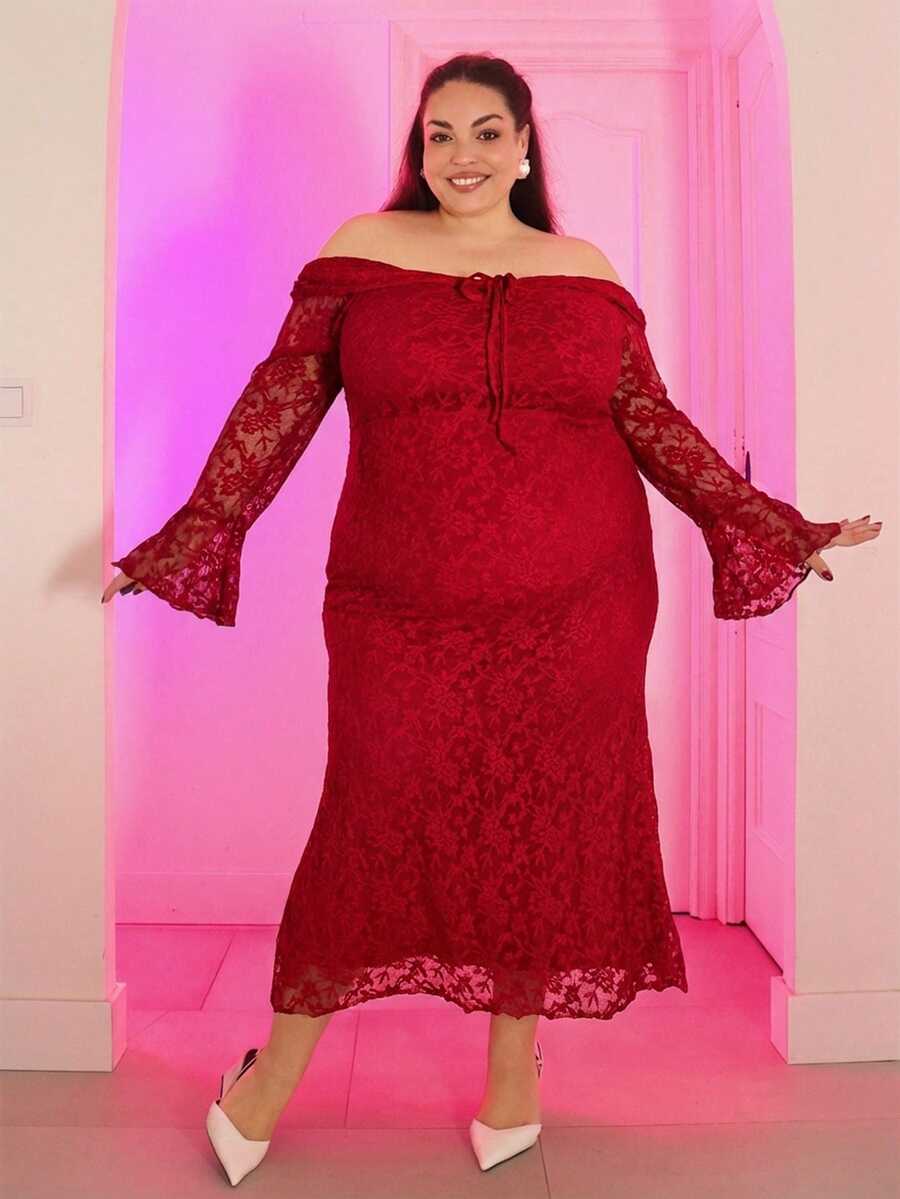 Pretty and Ole 加大码女式杏色蕾丝露肩优雅长裙，适合新年、情人节、约会、派对、日常通勤、优雅度假等场合。 - 紅色 - 查看 1