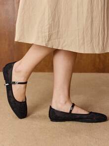 MOTF WOMEN ELEGANT VERSATILE COMMUTING VELVET FLORAL EMBROIDERY BUCKLE STRAP FLATS FOR CHRISTMAS SPRING SHOES - Graphite Black - View 4